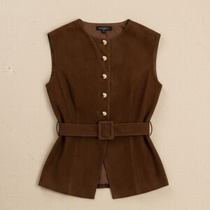 Commense Brown Suede Belted Vest Gold Button Tailored Top S / 4 Parisian Chic